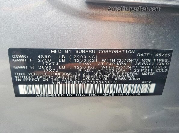 4S4BTADC7S3263853 2025 SUBARU OUTBACK Silver Widok wnętrza 360 stopni