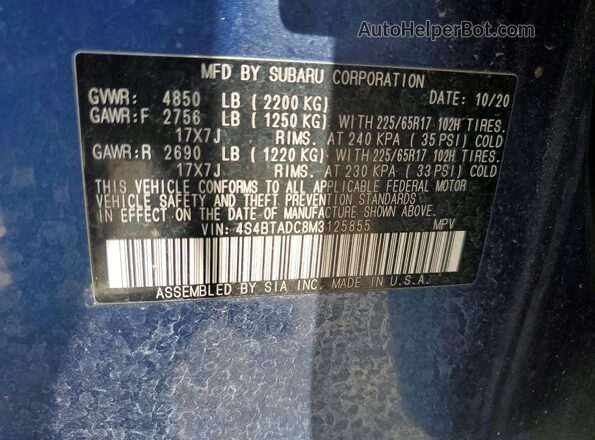 4S4BTADC8M3125855 2021 SUBARU OUTBACK Blue Vista de la etiqueta del VIN