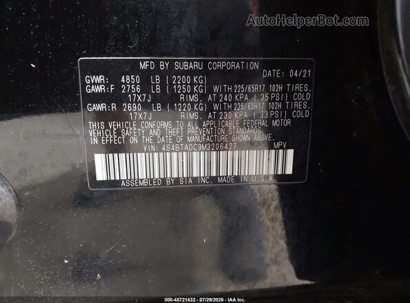 4S4BTADC9M3206427 2021 SUBARU OUTBACK Black Շարժիչի բաժամունքի տեսք