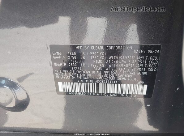 4S4BTADC9S3141446 2025 SUBARU OUTBACK Gray ძრავის განყოფილების ხედი