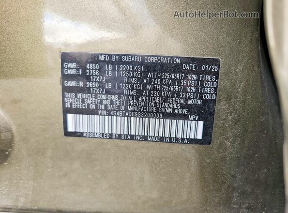 4S4BTADC9S3200009 2025 SUBARU OUTBACK Зеленый Панорамный вид салона 360°