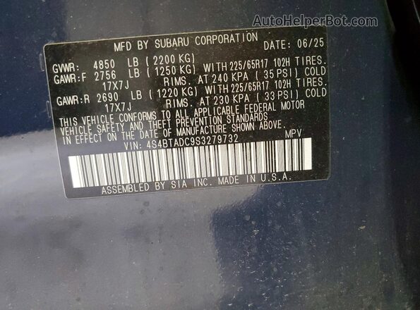 4S4BTADC9S3279732 2025 SUBARU OUTBACK Blue Вид підкапотного простору