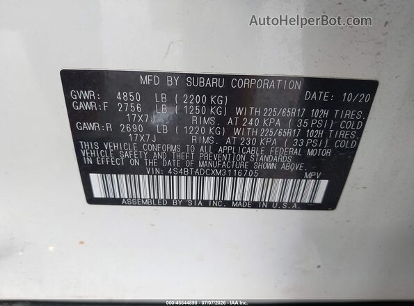 4S4BTADCXM3116705 2021 SUBARU OUTBACK White Engine compartment view