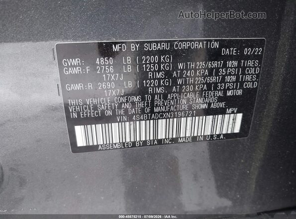4S4BTADCXN3196721 2022 SUBARU OUTBACK Gray ძრავის განყოფილების ხედი