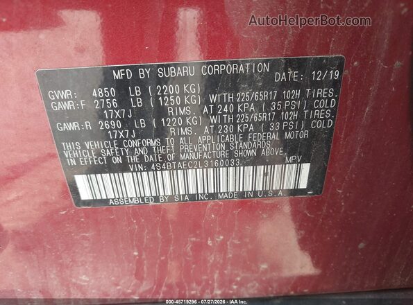 4S4BTAEC2L3160033 2020 SUBARU OUTBACK Red Vista del compartimento del motor
