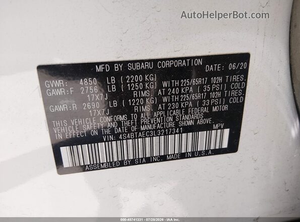 4S4BTAEC3L3217341 2020 SUBARU OUTBACK White Вид підкапотного простору