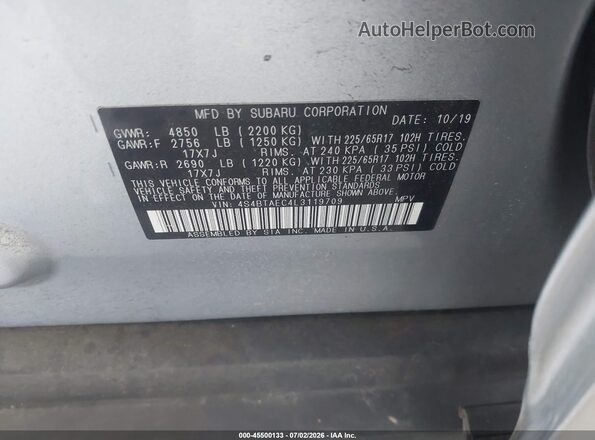 4S4BTAEC4L3119709 2020 SUBARU OUTBACK Silver Vista del compartimento del motor