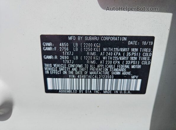 4S4BTAEC4L3123503 2020 SUBARU OUTBACK White სალონის 360-გრადუსიანი ხედი