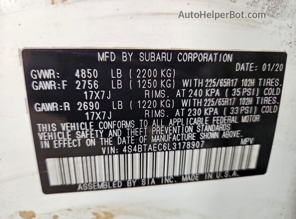 4S4BTAEC6L3178907 2020 SUBARU OUTBACK White Вид наклейки з VIN-кодом