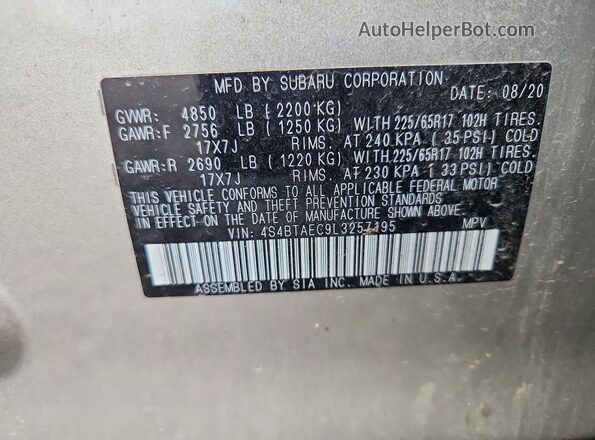 4S4BTAEC9L3257195 2020 SUBARU OUTBACK Silver Вид наклейки з VIN-кодом