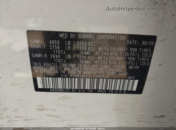 4S4BTAECXL3258100 2020 SUBARU OUTBACK White Vista del compartimento del motor