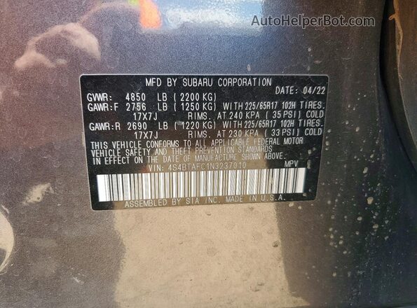 4S4BTAFC1N3237010 2022 SUBARU OUTBACK Charcoal Vista de la etiqueta del VIN