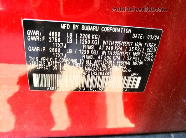 4S4BTAFC1R3264407 2024 SUBARU OUTBACK Burgundy Панорамний вид салону 360°