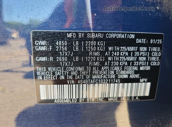 4S4BTAFC1S3211745 2025 SUBARU OUTBACK Blue VIN sticker view