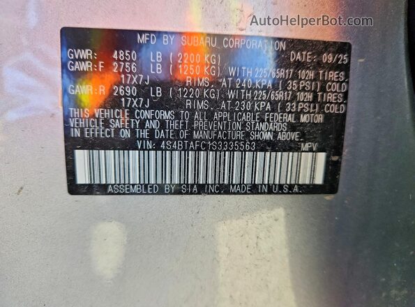4S4BTAFC1S3335563 2025 SUBARU OUTBACK Серебряный Вид наклейки с VIN-кодом