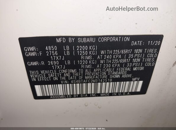 4S4BTAFC2M3142518 2021 SUBARU OUTBACK White ძრავის განყოფილების ხედი