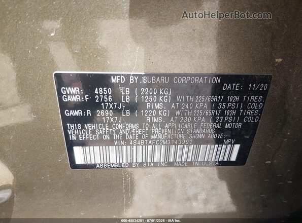 4S4BTAFC2M3143992 2021 SUBARU OUTBACK Gold Vista del compartimento del motor