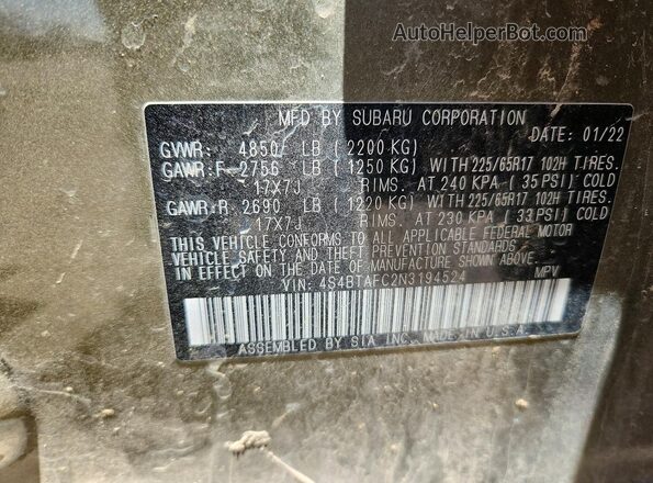 4S4BTAFC2N3194524 2022 SUBARU OUTBACK Зеленый Панорамный вид салона 360°