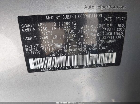 4S4BTAFC2P3200860 2023 SUBARU OUTBACK Silver Вид підкапотного простору