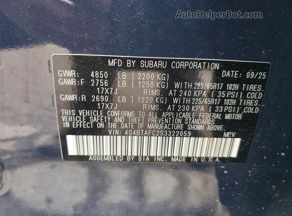 4S4BTAFC2S3322059 2025 SUBARU OUTBACK Синий Вид наклейки с VIN-кодом