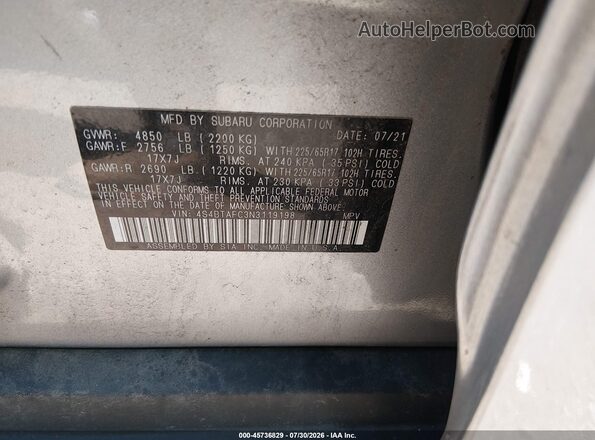 4S4BTAFC3N3119198 2022 SUBARU OUTBACK Silver Vista del compartimento del motor