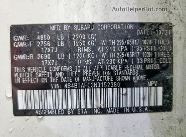 4S4BTAFC3N3152380 2022 SUBARU OUTBACK White Widok wnętrza 360 stopni