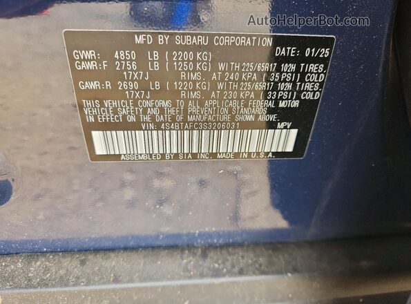 4S4BTAFC3S3206031 2025 SUBARU OUTBACK Синий Вид наклейки с VIN-кодом
