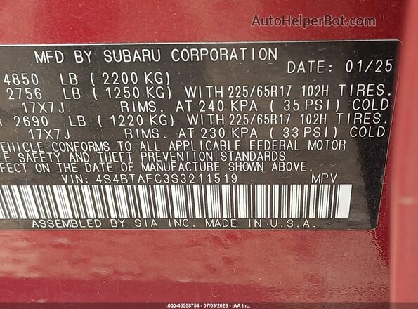 4S4BTAFC3S3211519 2025 SUBARU OUTBACK Красный Вид подкапотного пространства
