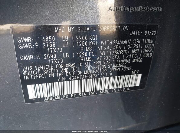 4S4BTAFC4P3170129 2023 SUBARU OUTBACK Gray Շարժիչի բաժամունքի տեսք