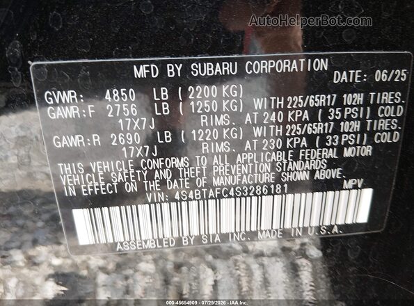 4S4BTAFC4S3286181 2025 SUBARU OUTBACK Black Շարժիչի բաժամունքի տեսք