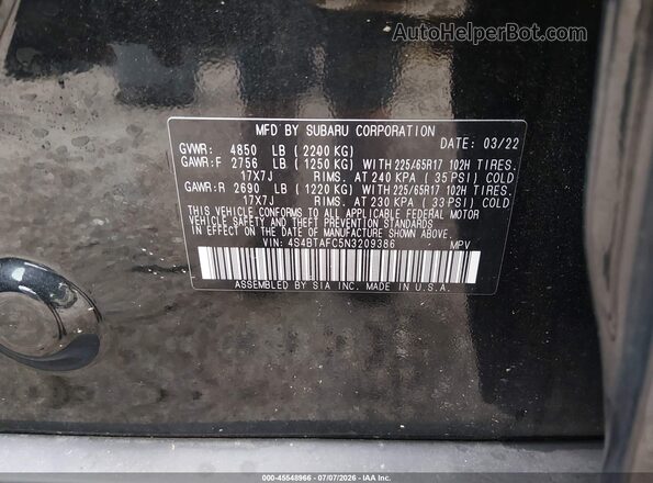 4S4BTAFC5N3209386 2022 SUBARU OUTBACK Black Вид підкапотного простору