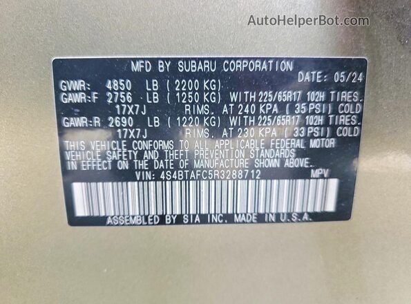 4S4BTAFC5R3288712 2024 SUBARU OUTBACK Green VIN sticker view