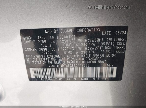 4S4BTAFC6S3118235 2025 SUBARU OUTBACK Gray Вид підкапотного простору