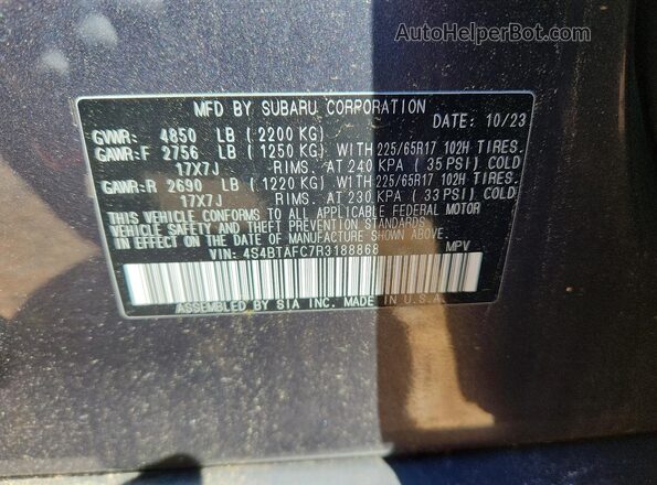 4S4BTAFC7R3188868 2024 SUBARU OUTBACK Серый Вид наклейки с VIN-кодом
