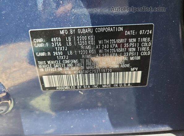 4S4BTAFC7S3119720 2025 SUBARU OUTBACK Blue Вид наклейки з VIN-кодом