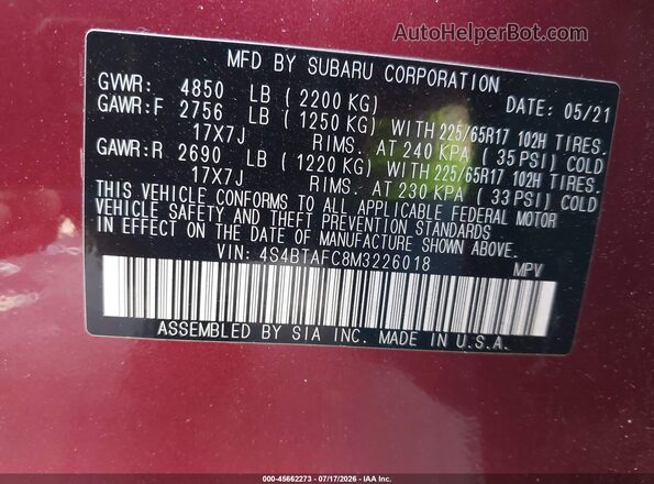 4S4BTAFC8M3226018 2021 SUBARU OUTBACK Red Շարժիչի բաժամունքի տեսք