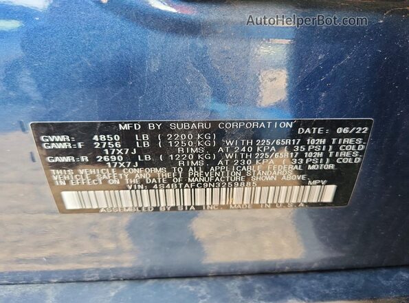 4S4BTAFC9N3259885 2022 SUBARU OUTBACK Синий Вид наклейки с VIN-кодом