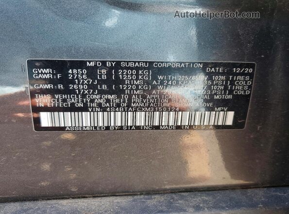 4S4BTAFCXM3150124 2021 SUBARU OUTBACK Gray Շարժիչի բաժամունքի տեսք