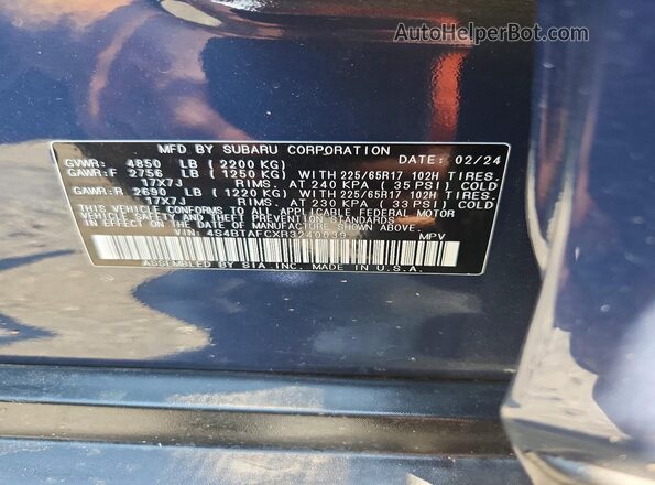 4S4BTAFCXR3240039 2024 SUBARU OUTBACK Blue Engine compartment view