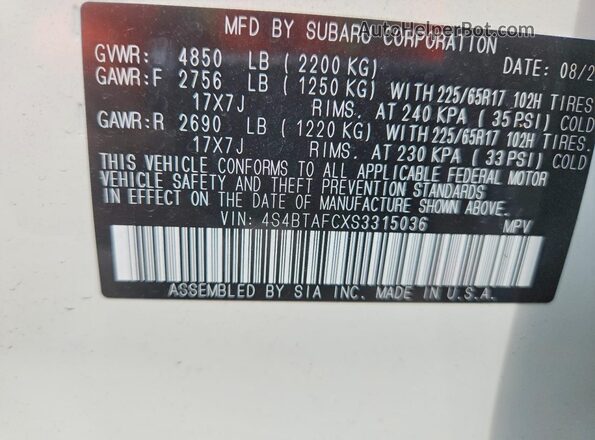 4S4BTAFCXS3315036 2025 SUBARU OUTBACK White Widok naklejki z numerem VIN