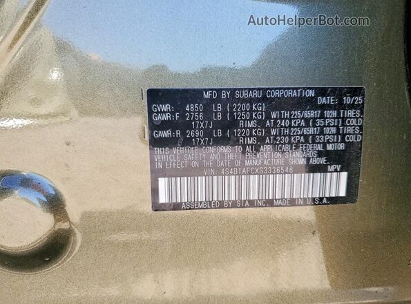 4S4BTAFCXS3336548 2025 SUBARU OUTBACK Зеленый Вид наклейки с VIN-кодом