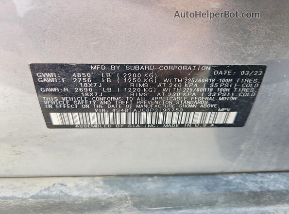 4S4BTAJC8P3195753 2023 SUBARU OUTBACK Blue VIN კოდის სტიკერის ხედი