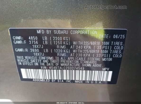 4S4BTALC2S3274549 2025 SUBARU OUTBACK Green Engine compartment view