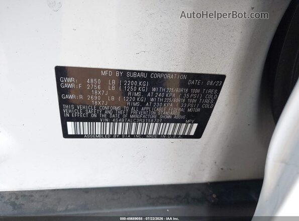 4S4BTALC3R3158707 2024 SUBARU OUTBACK White Engine compartment view
