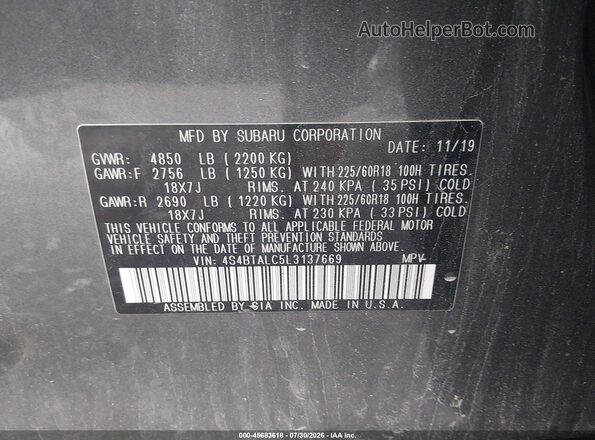 4S4BTALC5L3137669 2020 SUBARU OUTBACK Gray Widok komory silnika