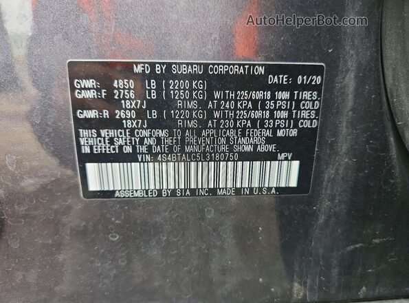 4S4BTALC5L3180750 2020 SUBARU OUTBACK Gray Engine compartment view