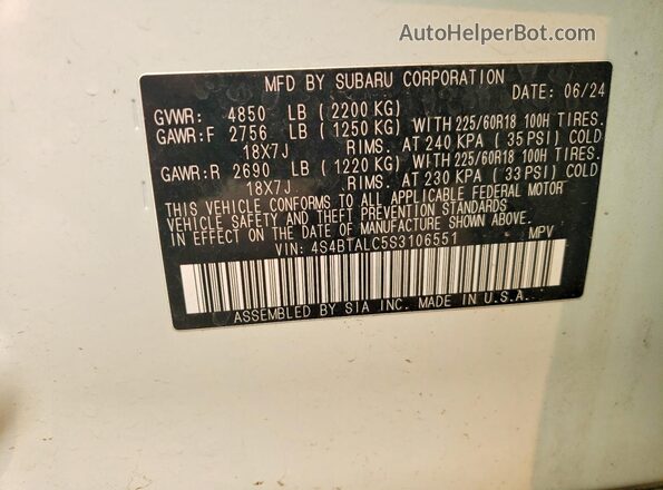 4S4BTALC5S3106551 2025 SUBARU OUTBACK White ძრავის განყოფილების ხედი