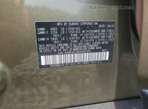 4S4BTALC6R3165229 2024 SUBARU OUTBACK Green VIN კოდის სტიკერის ხედი