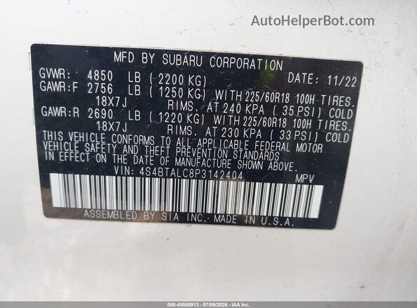 4S4BTALC8P3142404 2023 SUBARU OUTBACK White Вид підкапотного простору