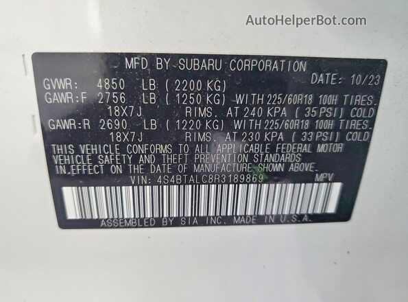 4S4BTALC8R3189869 2024 SUBARU OUTBACK White VIN sticker view
